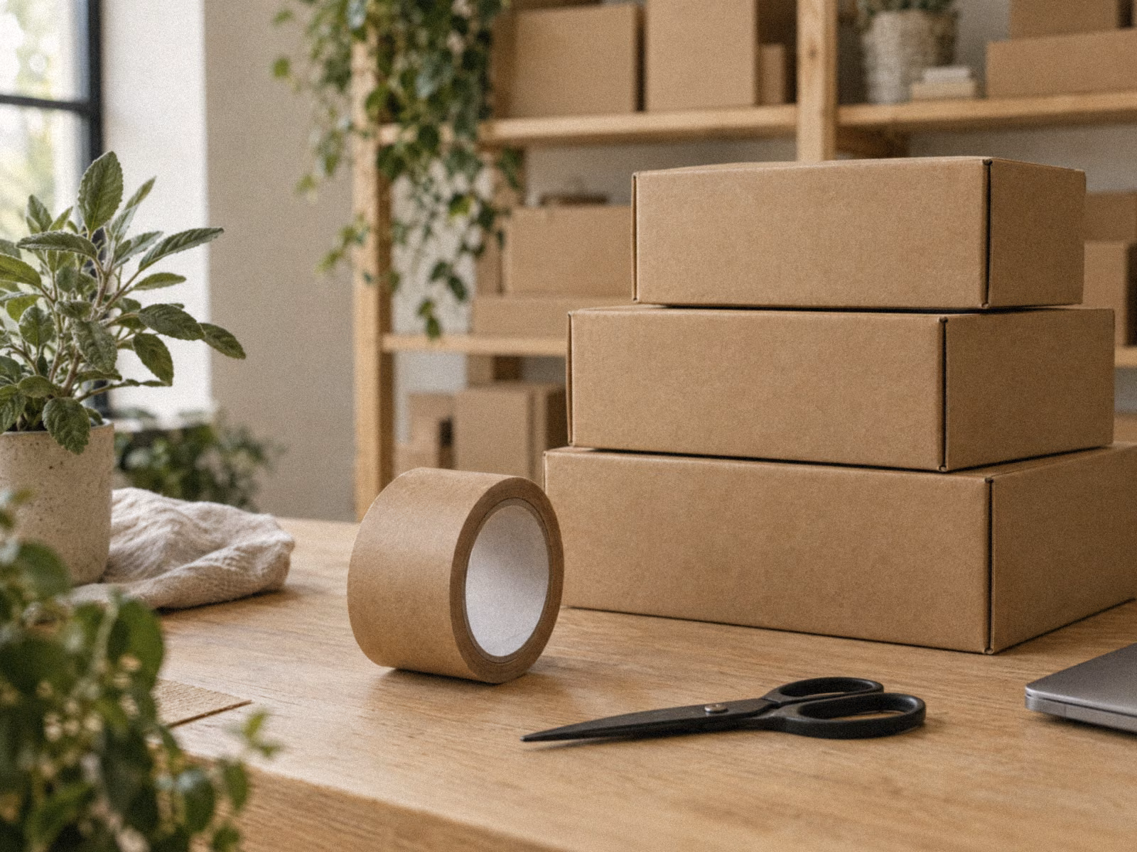 Kraft shipping boxes, packing tape and scissors on a stockroom bench.