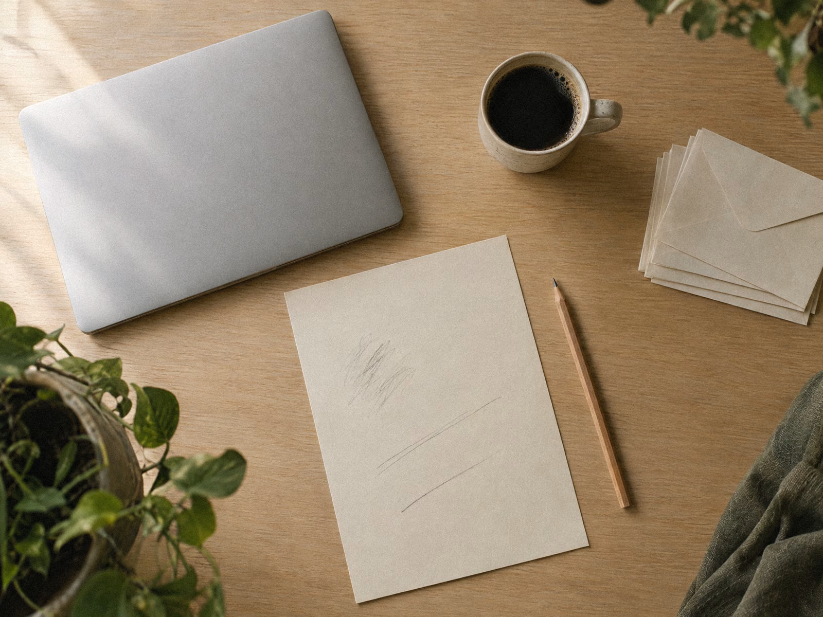 A laptop, a marked-up page and envelopes on a desk, seen from above.