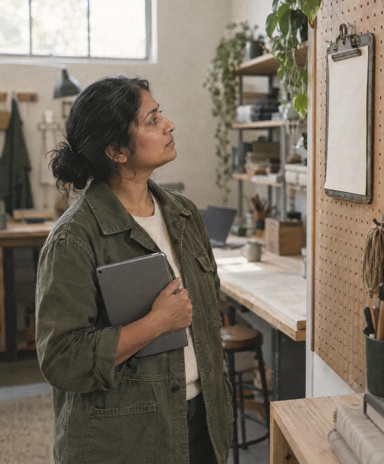 Workshop manager holding a tablet next to an old paper clipboard.