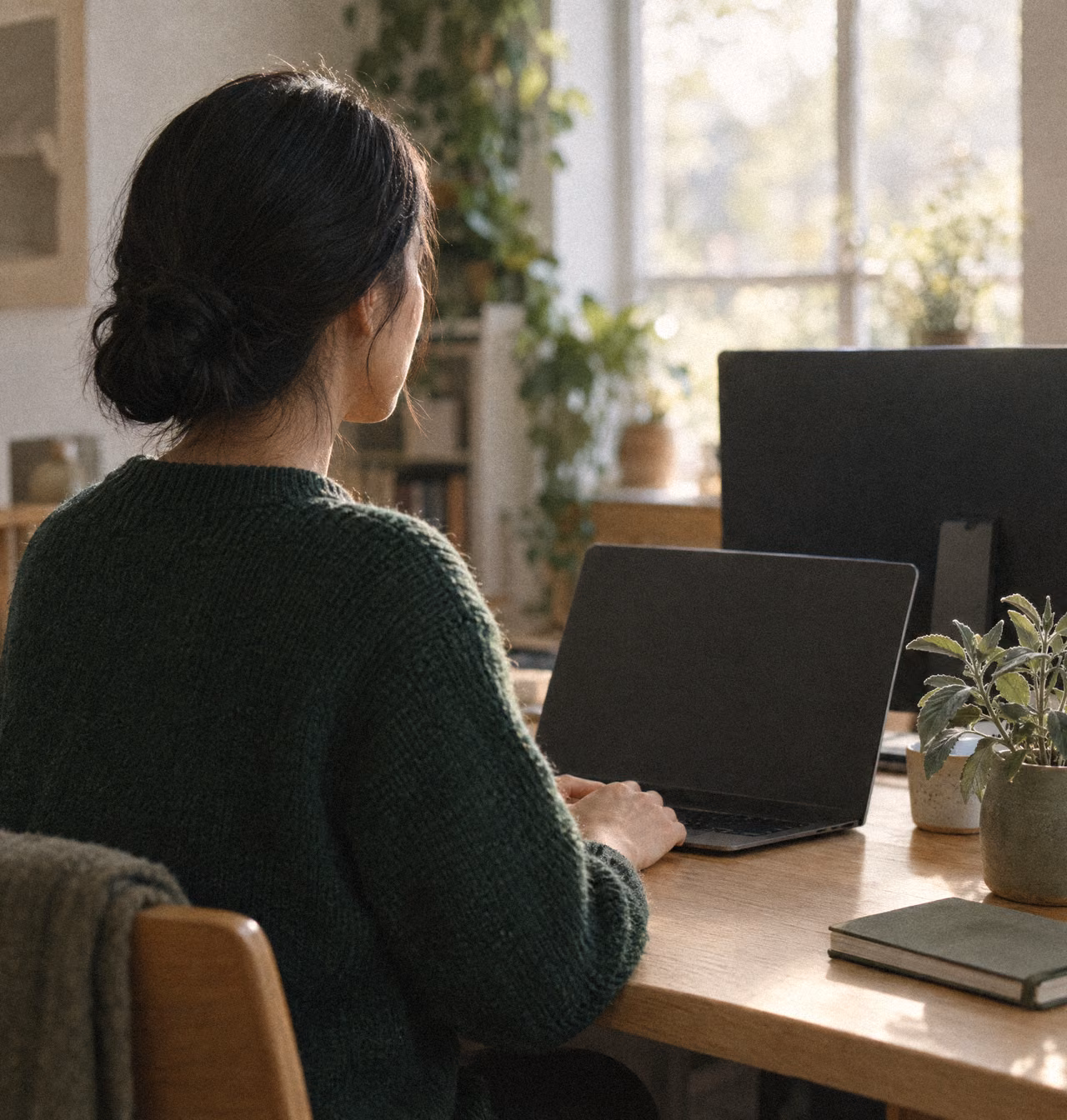 Developer at work at a quiet desk with plants.